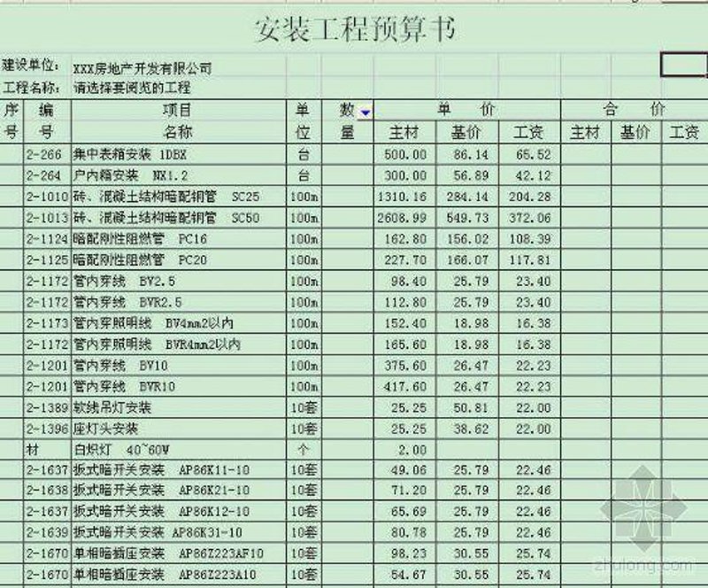 安装预算